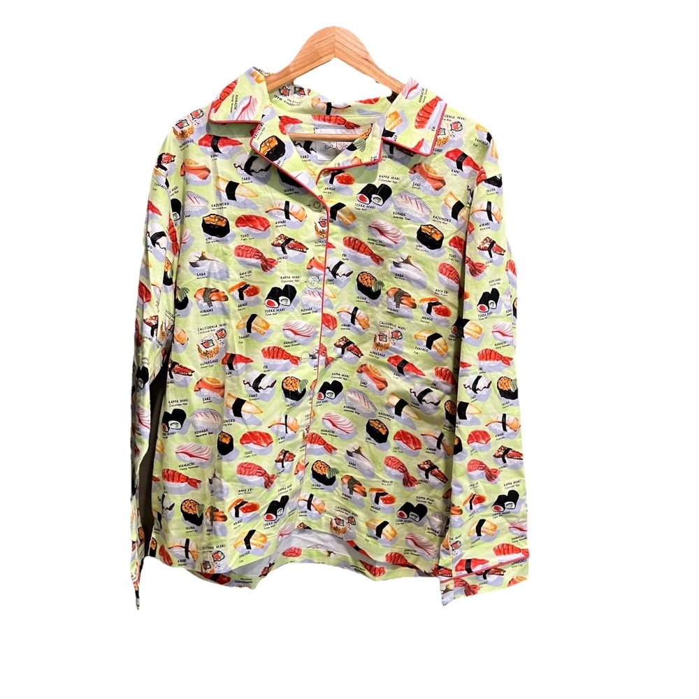 The Cat's Pajamas Green Sushi Graphic Women's‎ Flannel Pajama Top Size Large